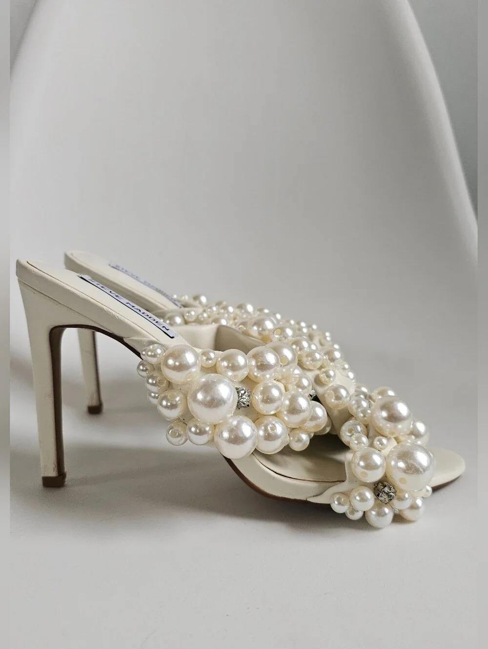 Steve Madden Ivory Pearl-Embellished High Heel Mules